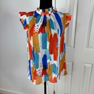 Womens Abstract Print‎ Boho Butterfly Sleeve Mock Neck Blouse Top M